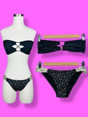 Victoria’s Secret Strapless Bandeau VS Logo Polka Dot Bikini Set Black White S